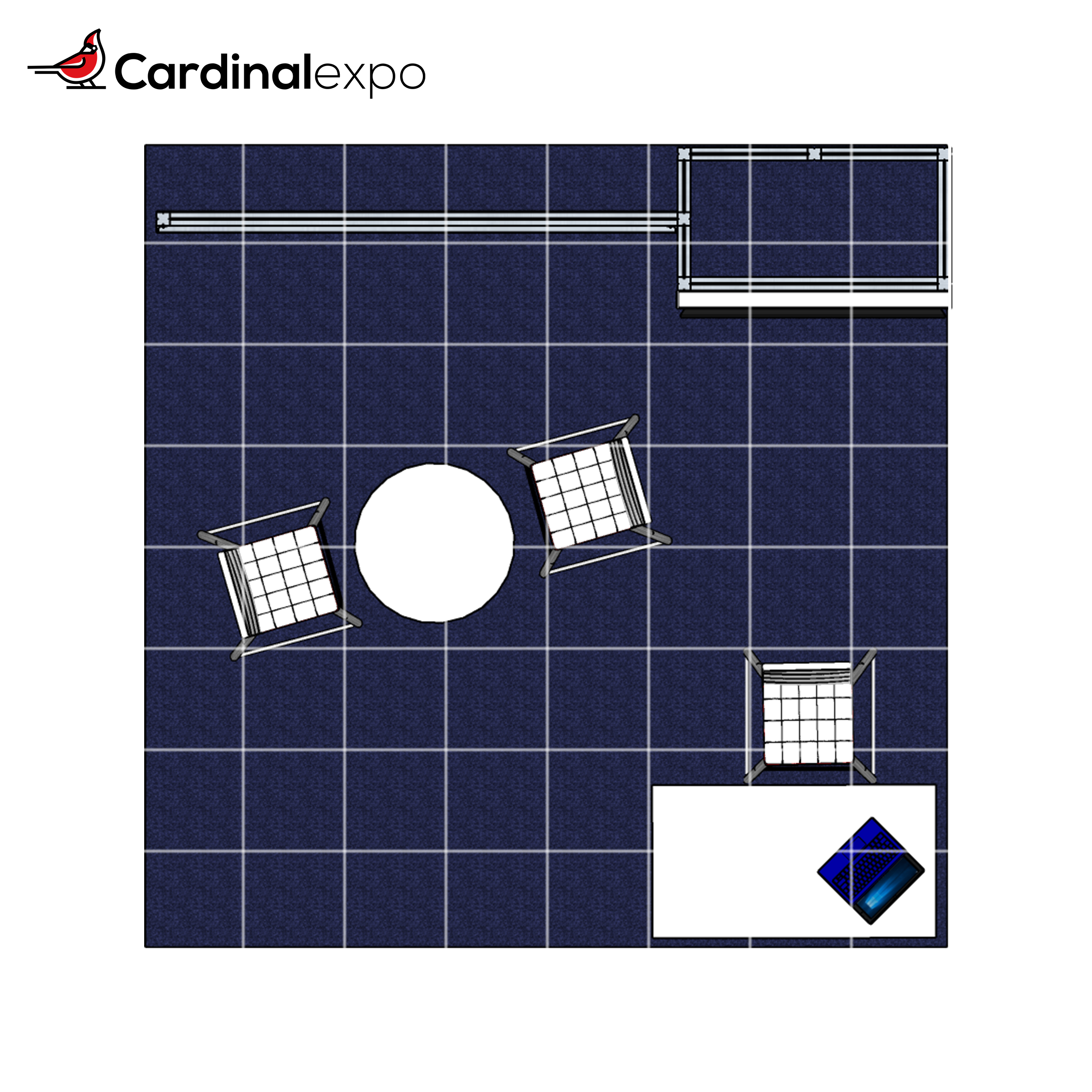 Top-down view of 10 foot by 10 foot booth rental with floorplan overlay.