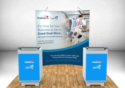 10 foot by 10 foot exhibit rental structure with half-meter glowing storage counter, pop-up display wall
