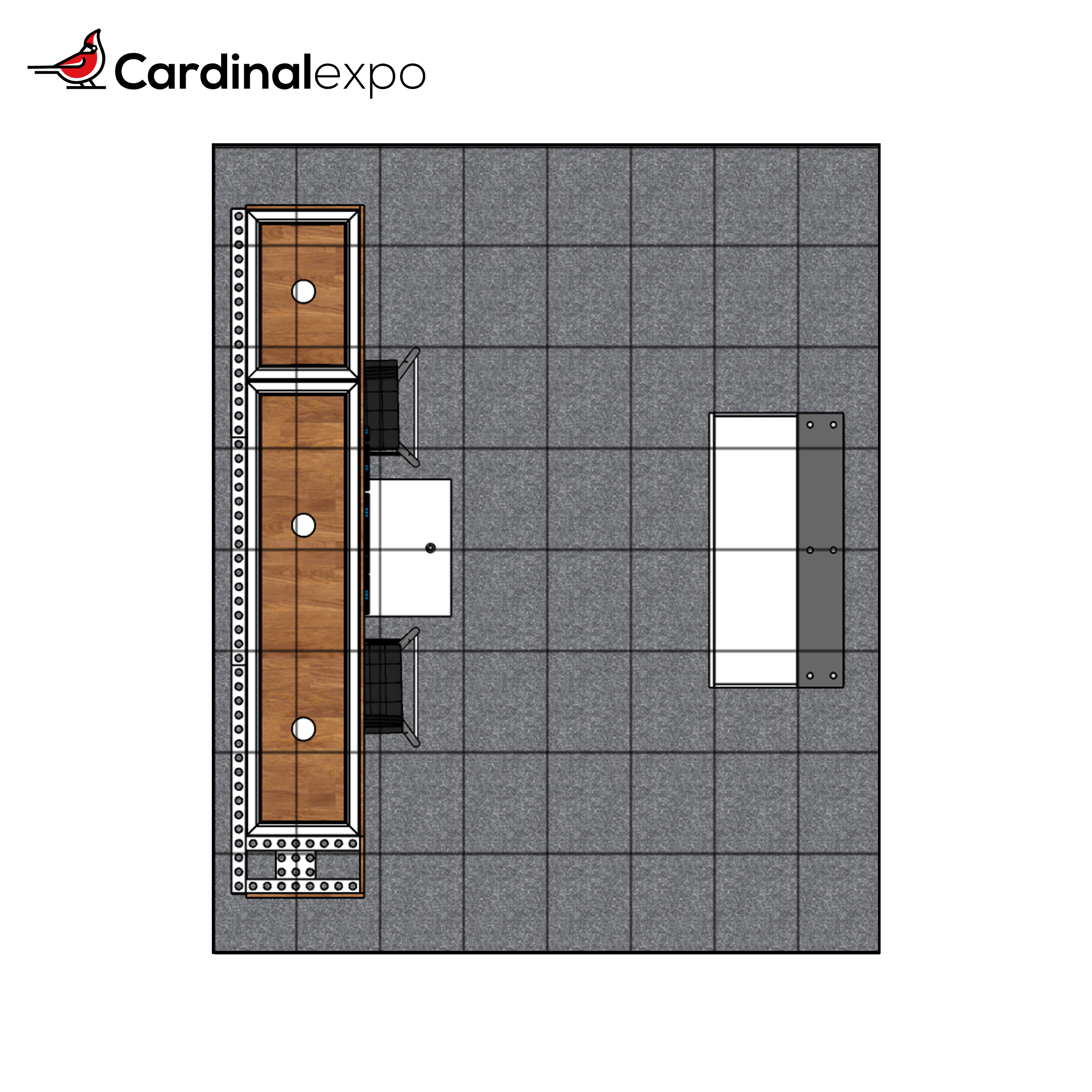 Top-down view of 10 foot by 10 foot booth rental with floorplan overlay.
