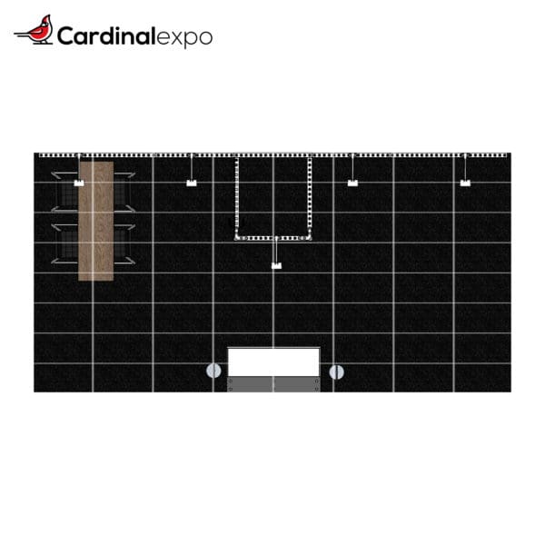 Top-down view of 10 foot by 20 foot booth rental with floorplan overlay.