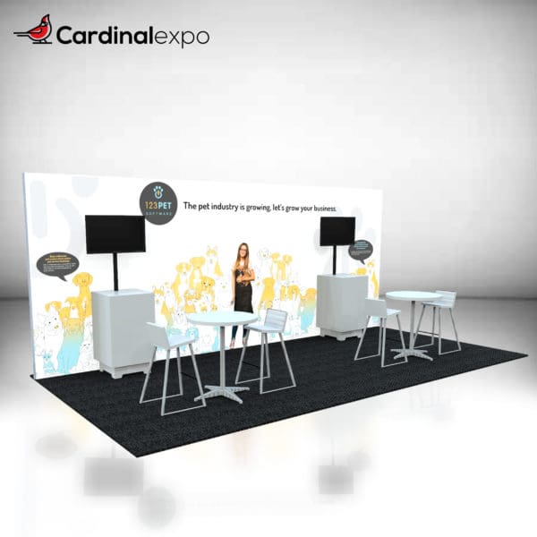 10 foot by 20 foot exhibit rental structure with 2 half-meter demo stations with glowing and storage capabilities.