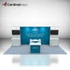 10' x 20' exhibit rental structure with 1-meter storage counter in front, and two 1-meter storage counters on opposite ends of the back wall. Above both back counters are display monitors. Rendering features high table and 4 chairs.