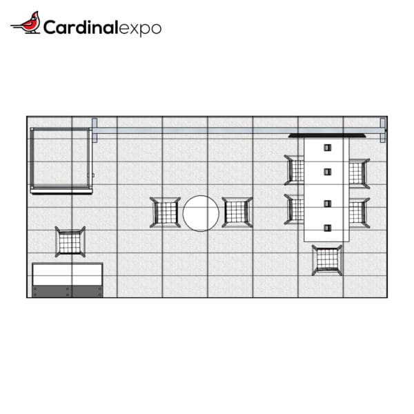 Top-down view of 10 foot by 20 foot booth rental with floorplan overlay.
