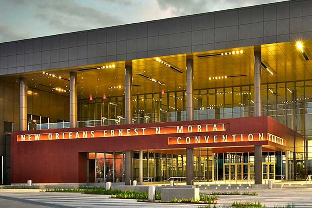 The red-and-gold front of the Morial Convention Center.