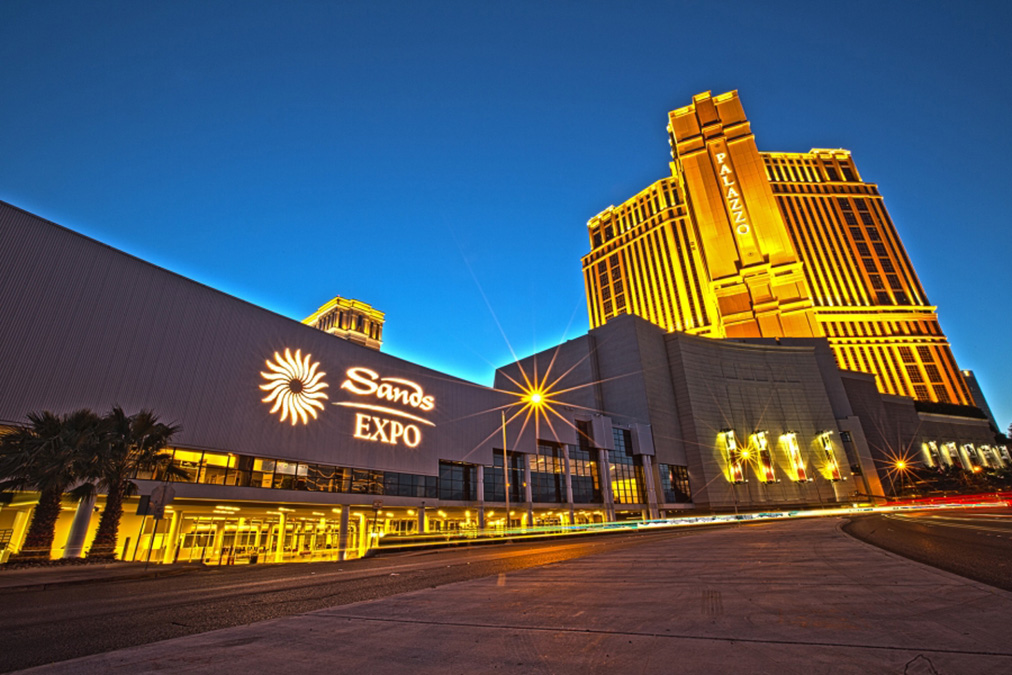 The Sands Expo Center at sunset, with the Palazzo resort gleaming in the background.