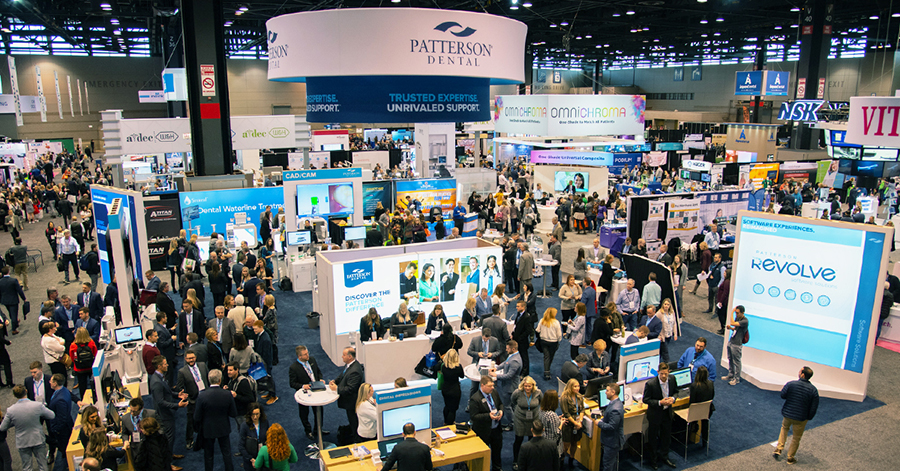 Attendees at the 2020 Chicago Dental Society Midwinter Meeting explore the Patterson Dental booth and other exhibits at McCormick Place West.