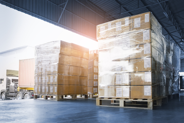 A warehouse with shipments. For international trade show shipping, it's important to ship materials early.