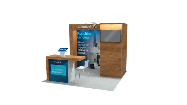 If you're wondering if a 10x10 exhibit booth size is right, check out this 10x10 render we made for Capital One as an example and compare it to the other sizes in this post.