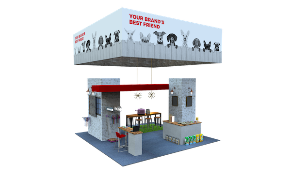 An exhibit render from Cardinal Expo with examples of pet expo booth ideas like treat giveaways, food and water bowls, and products that visitors can pick up.