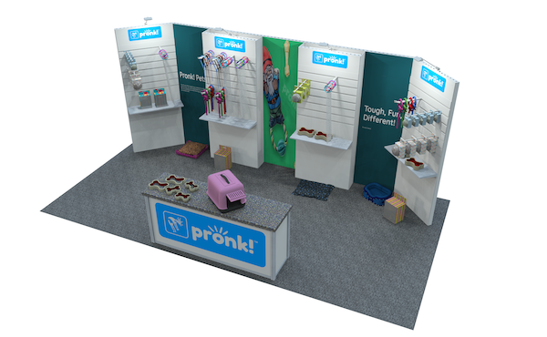 A pet expo booth idea rendered by Cardinal Expo with counters, shelving, and hanging space for products and pets.