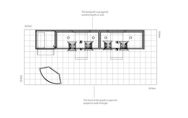 A diagram showing example dimensions, layout, and floor plan for an inline booth