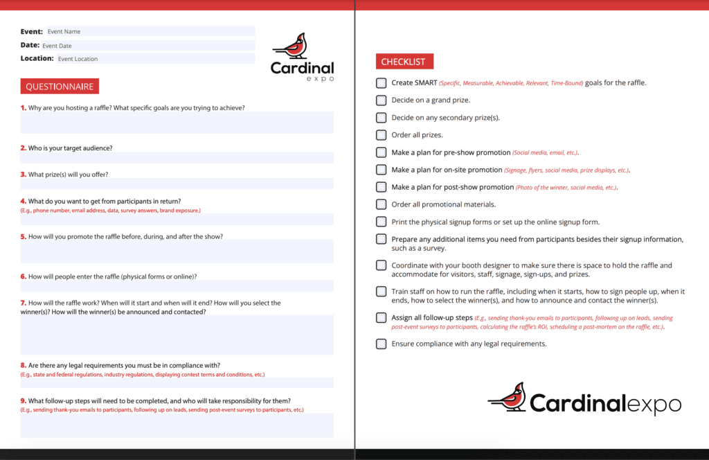 A preview of our free downloadable trade show raffle template and checklist