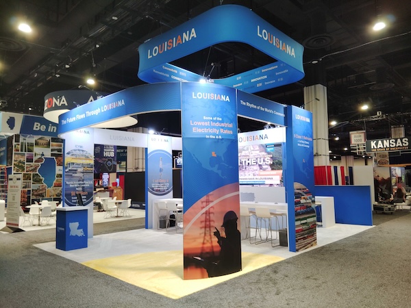 Cardinal Expo's booth building for clients shows an example of what an island booth is