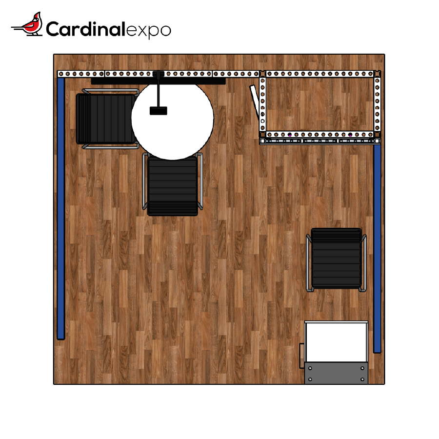 floor plan view showcasing a 10x10 exhibit space containing a meeting table, side walls, television, and backlit greeting counte