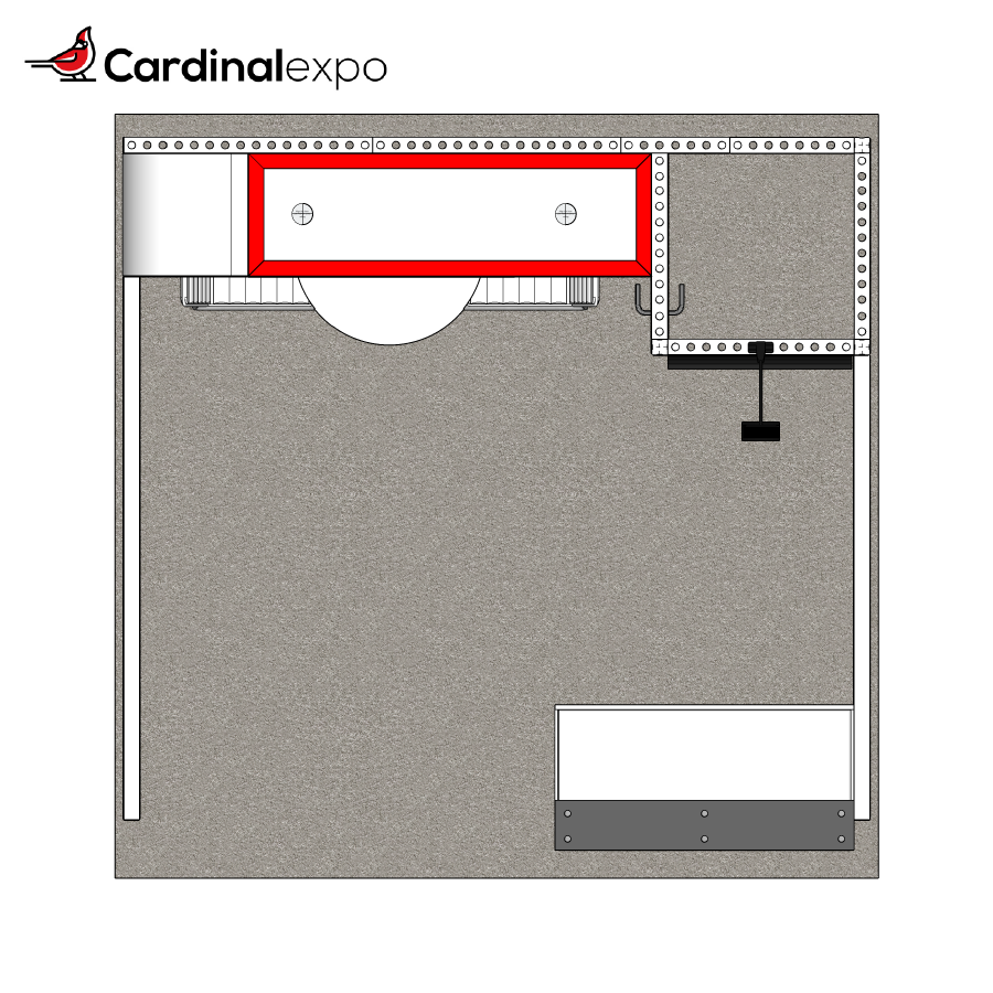 Top-down floor plan of a 10x10 exhibition booth featuring a reception desk, backwall closet, and seating.