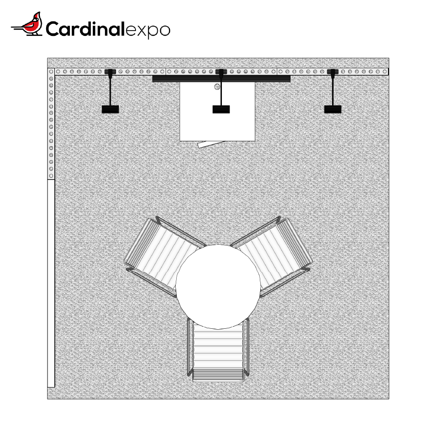 Top-down floor plan of a 10x10 booth layout showing high-top seating, backwall counter, and side wall.