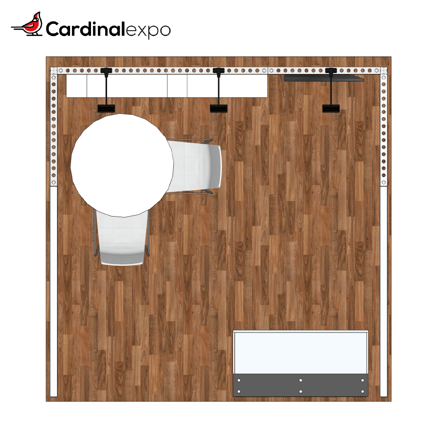 Overhead floor plan of a 10x10 trade show booth showing a meeting table, front counter, and backwall shelves.