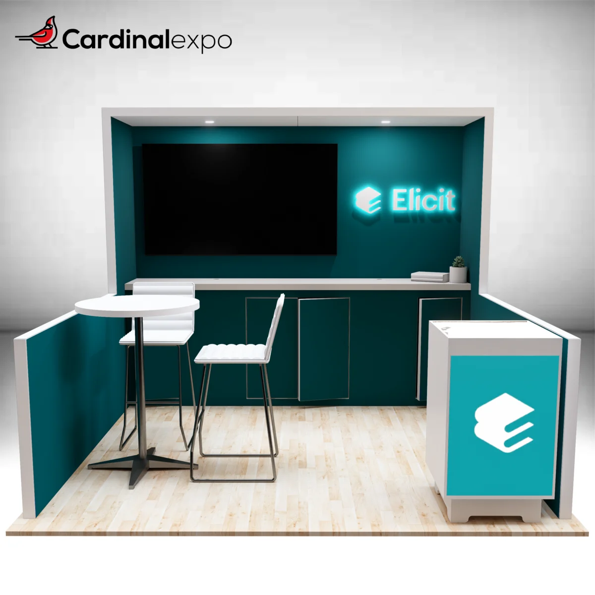 Front perspective of a 10x10 trade show display featuring back wall cabinetry, TV, seating, and reception counter.