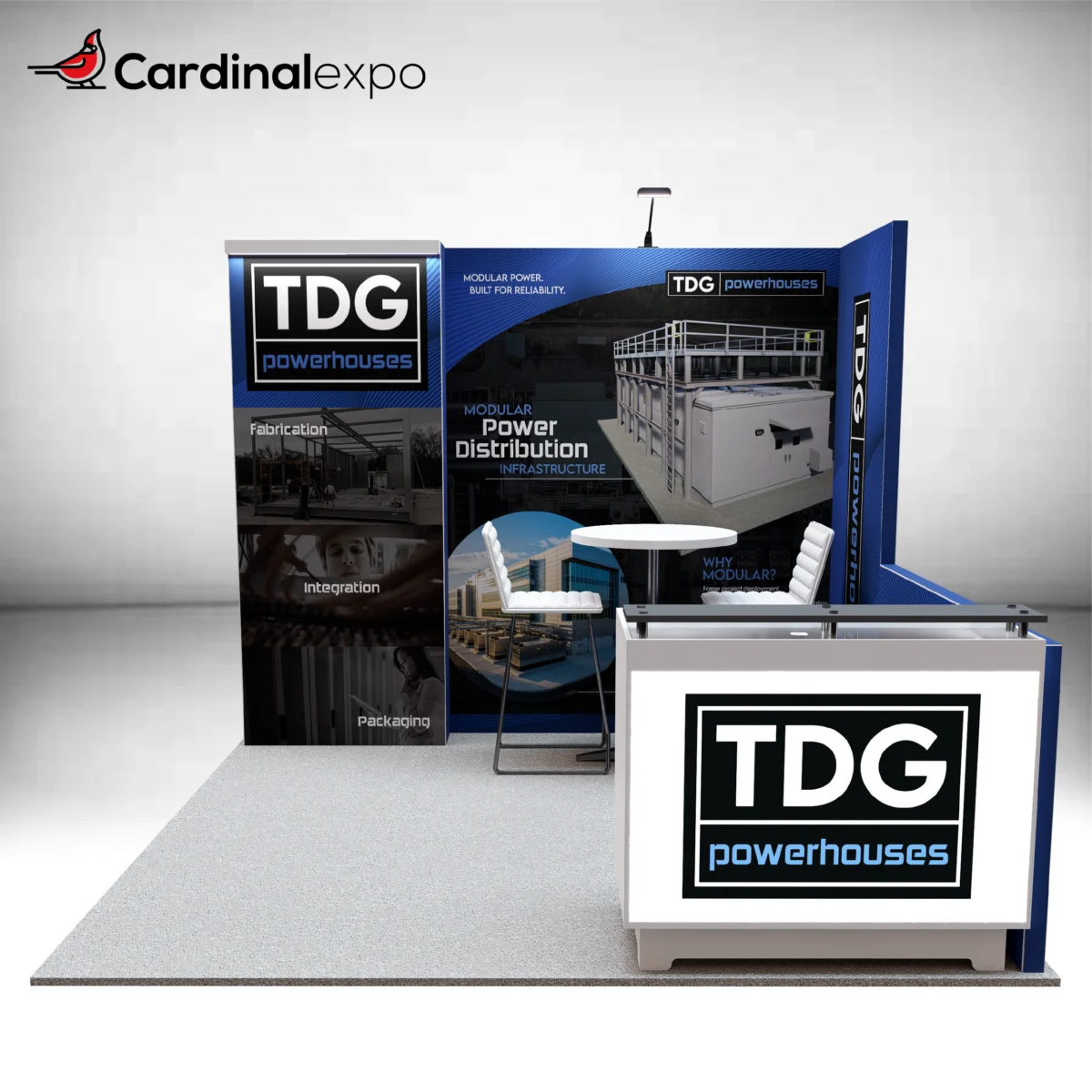 Straight-on perspective of a 10x10 display booth showing a backlit counter, high-top table, and dimensional back wall.