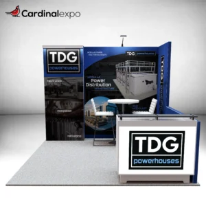 Straight-on perspective of a 10x10 display booth showing a backlit counter, high-top table, and dimensional back wall.
