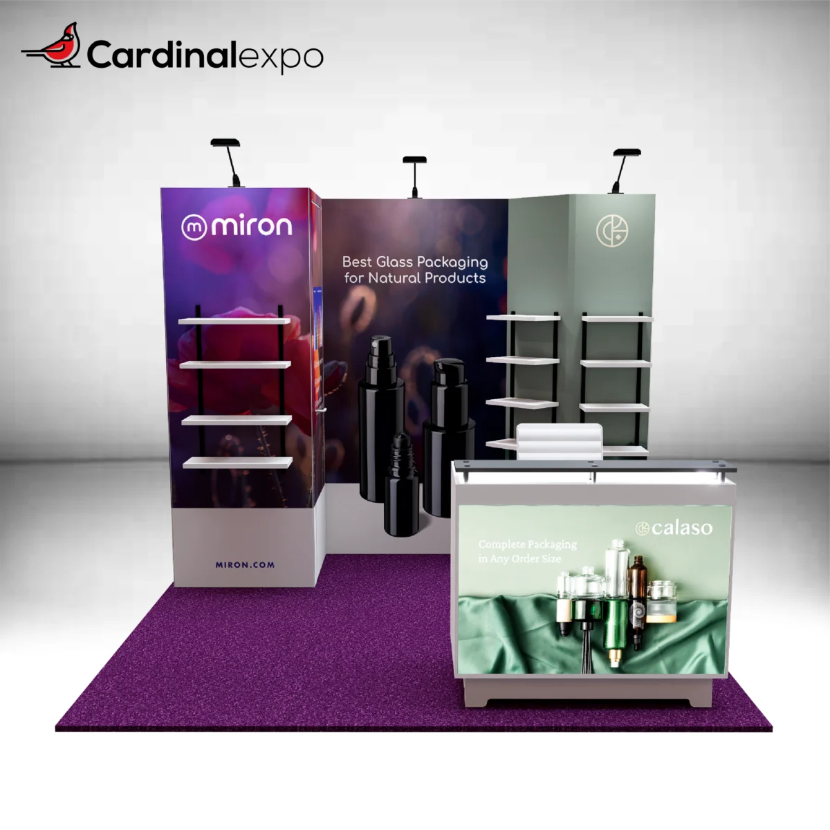Frontal view of a 10x10 trade show booth highlighting built-in product shelves, backwall panels, and a backlit counter.