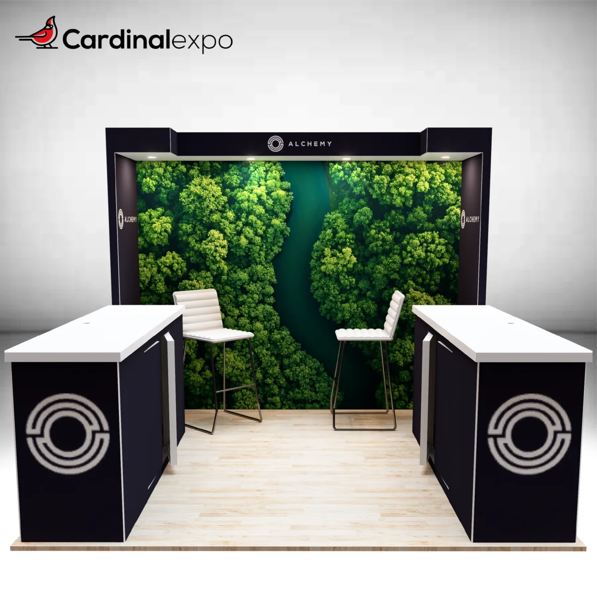 Front perspective of a 10x10 exhibit featuring a canopy backwall, two reception counters, and high-top seating.
