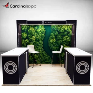 Front perspective of a 10x10 exhibit featuring a canopy backwall, two reception counters, and high-top seating.