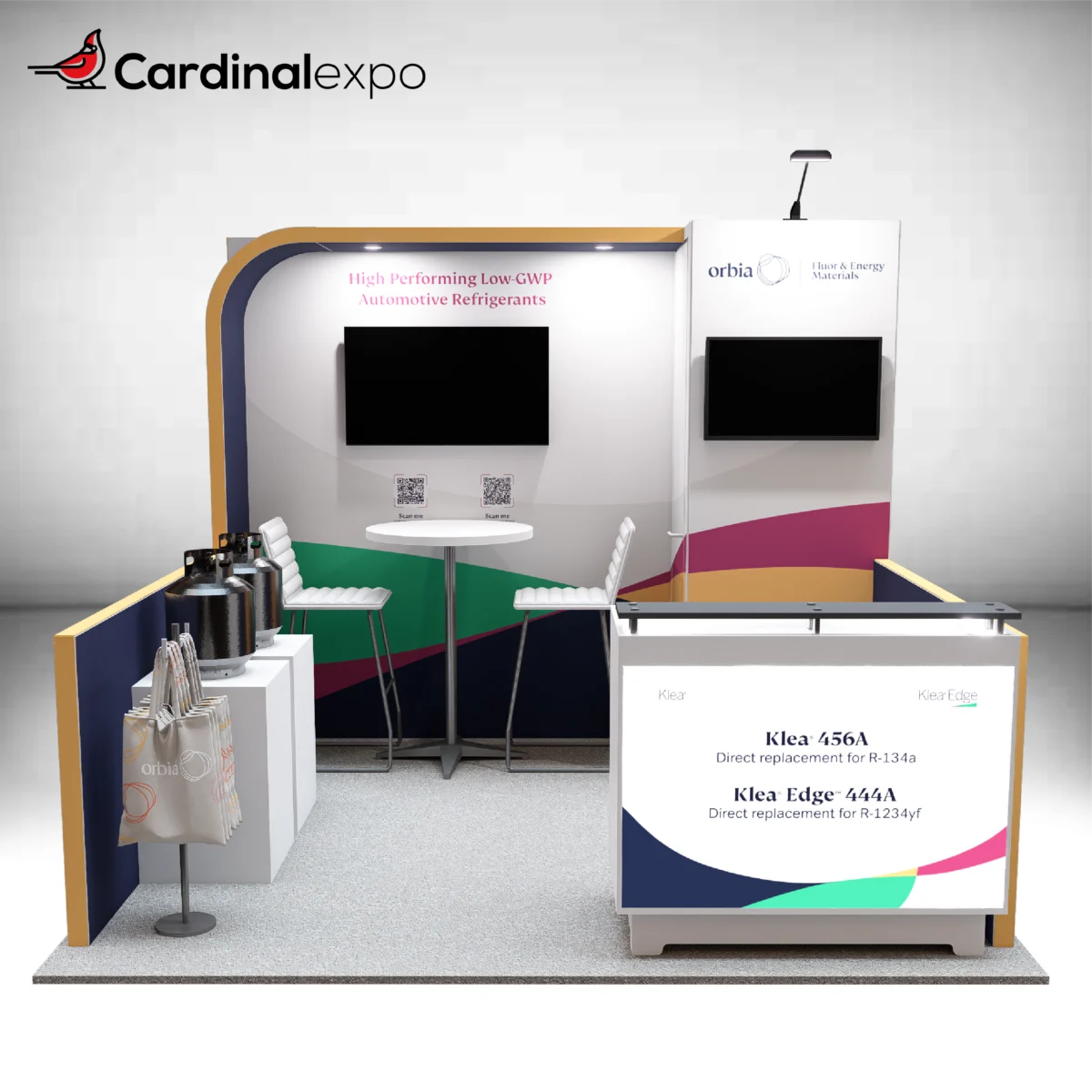 Straight-on perspective of a 10x10 trade show display showcasing a curved backwall, storage closet, TVs, and reception counter.
