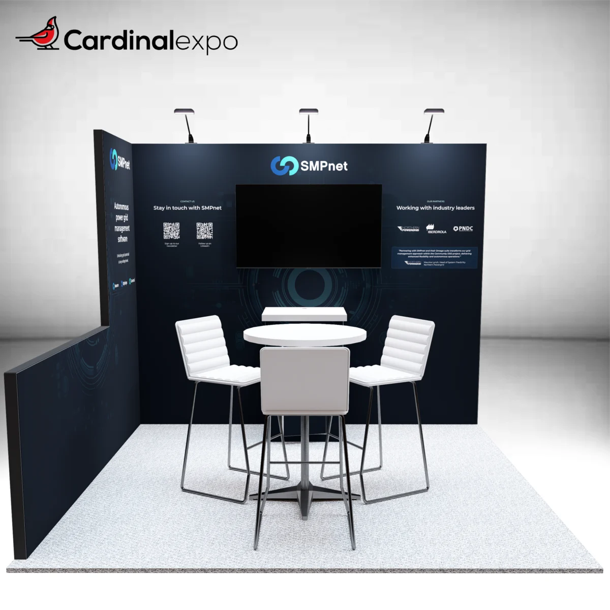 Frontal view of a 10x10 exhibit structure featuring a bistro table, left side wall, TV, and counter.