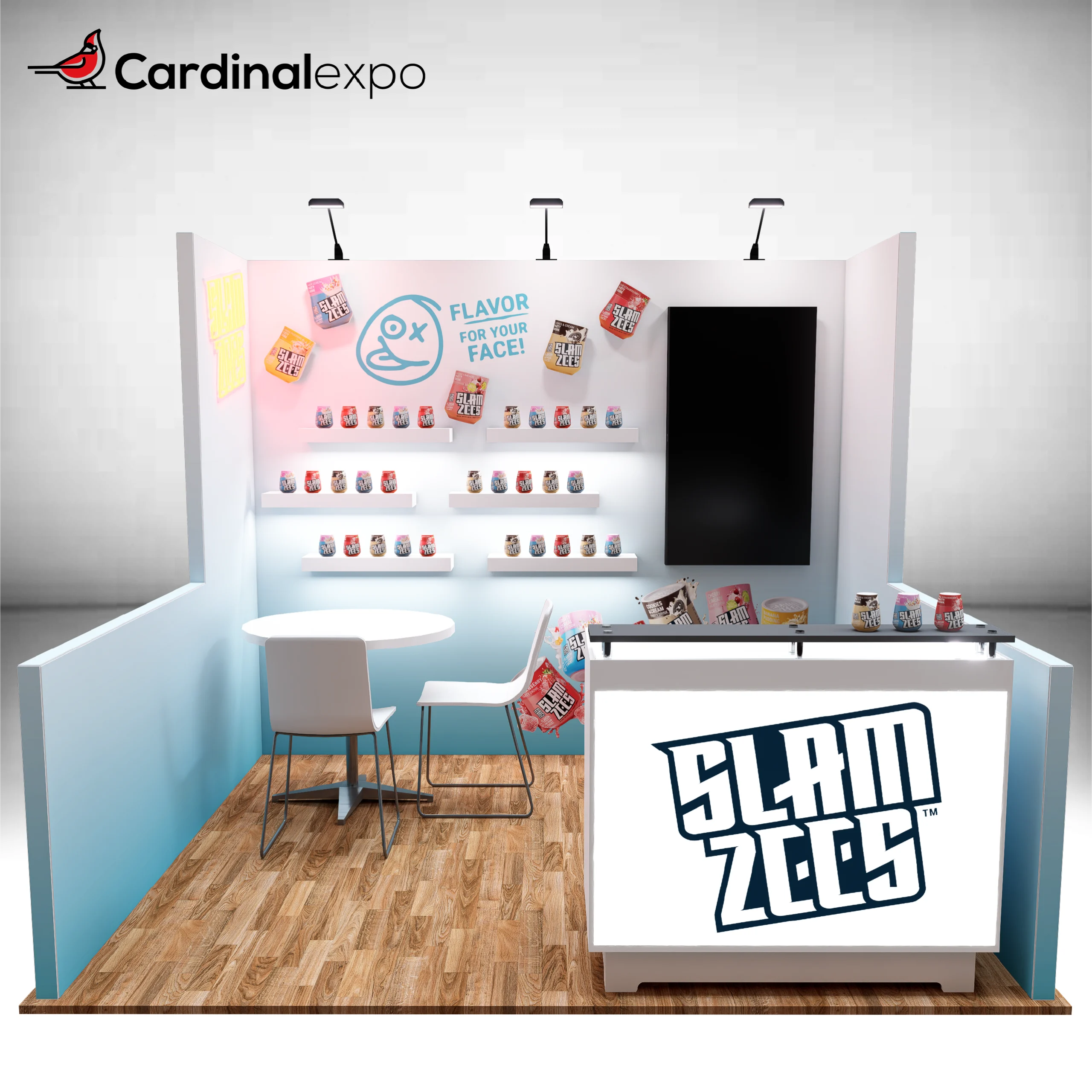 Front perspective of a 10x10 exhibit displaying floating backwall shelves, a vertical TV, seating, and reception desk.