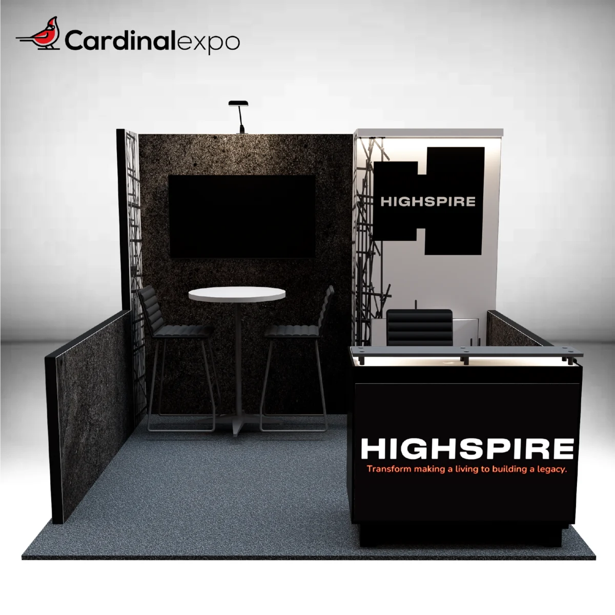 Overhead floor plan of a 10x10 trade show booth showing side walls, seating, tower, and front counter.
