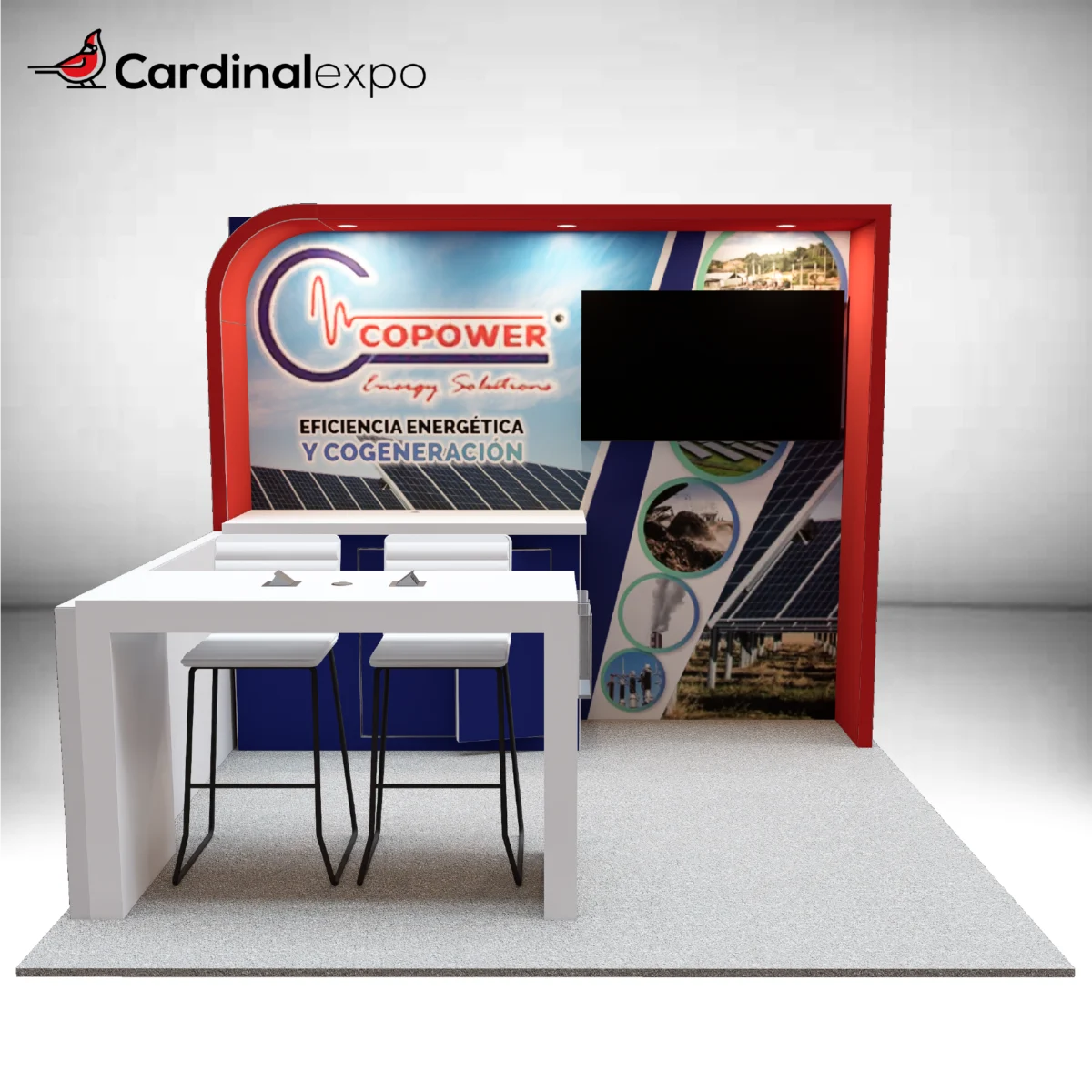 Front perspective of a 10x10 display featuring an arched canopy, TV, back counter, and high-top meeting table.