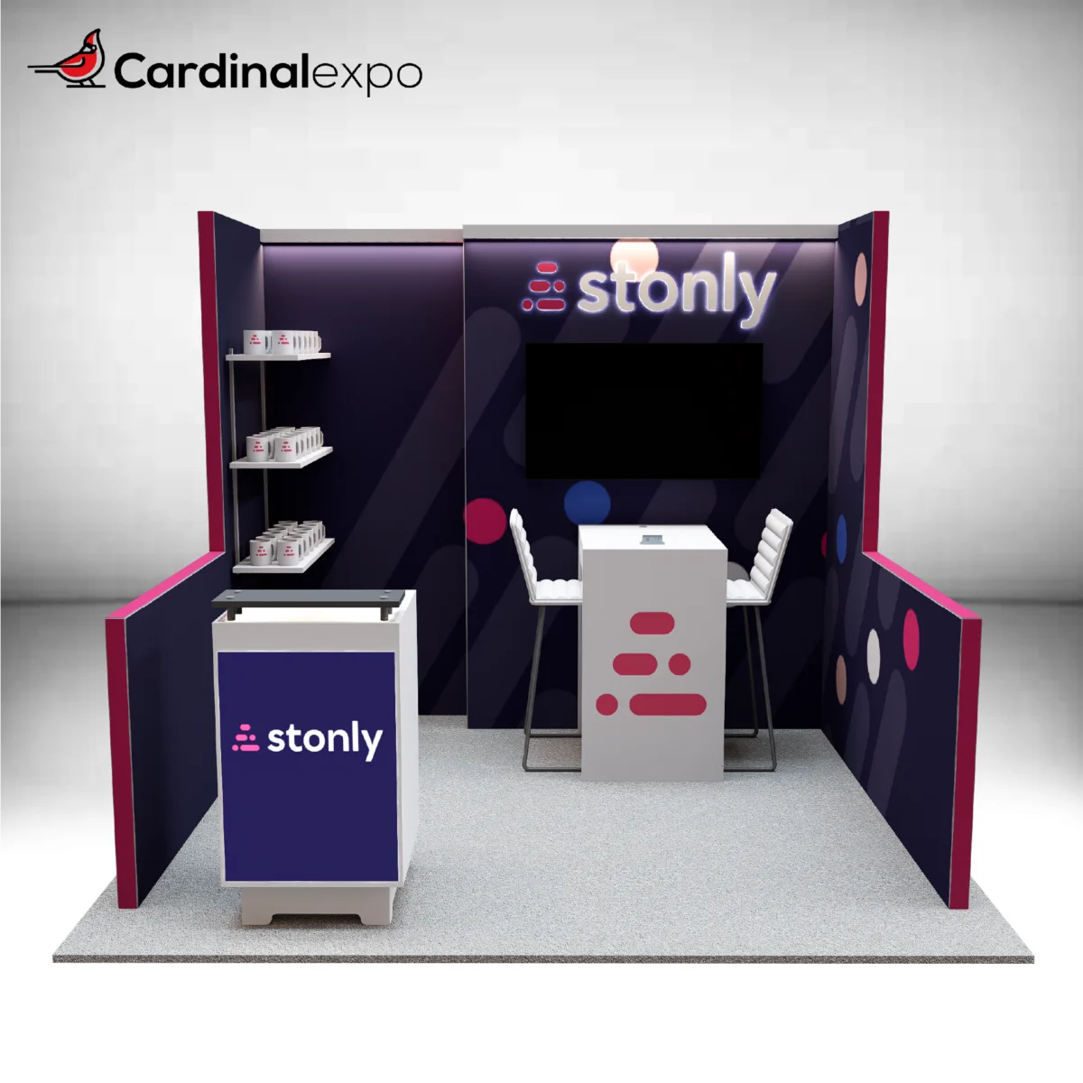 Front perspective of a 10x10 booth featuring a 3D halo-lit sign, backwall TV, meeting table, shelves, and reception podium.