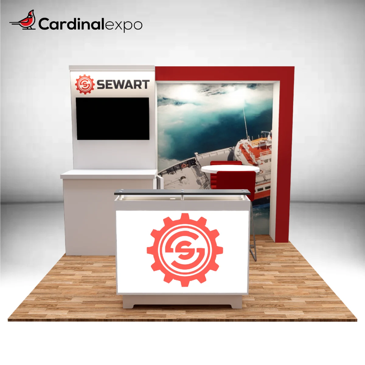 Frontal perspective of a 10x10 trade show booth showcasing a framed canopy backwall, TV, cabinet, and illuminated counter.