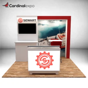 Frontal perspective of a 10x10 trade show booth showcasing a framed canopy backwall, TV, cabinet, and illuminated counter.