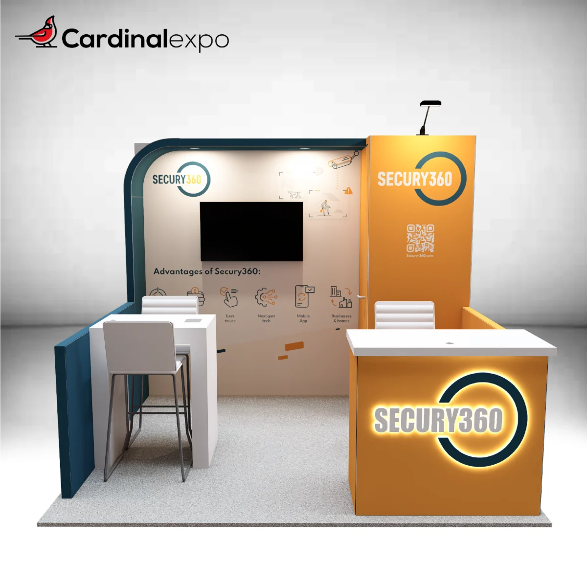 Front perspective of a 10x10 exhibit structure featuring a curved backwall canopy, TV, storage closet, and counter with halo-lit sign.