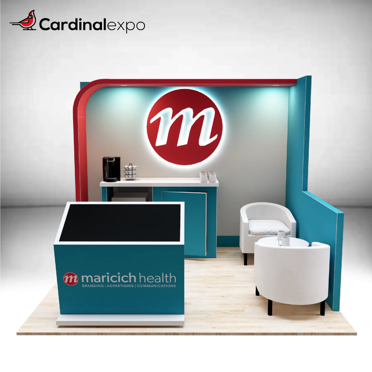 Frontal perspective of a 10x10 exhibit featuring a touch kiosk, canopy backwall with 3D halo-lit sign, and lounge chairs.