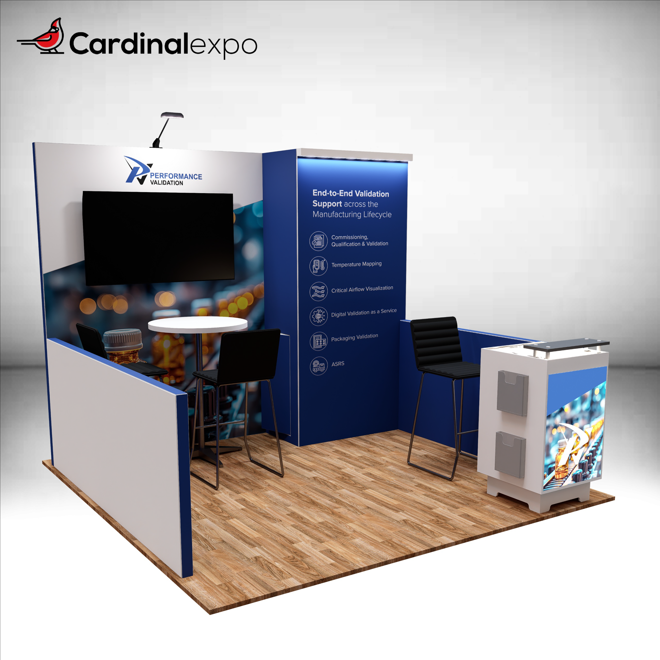 Left angle of a 10x10 trade show display featuring high-top seating, half wall, TV, and backlit greeting counter.
