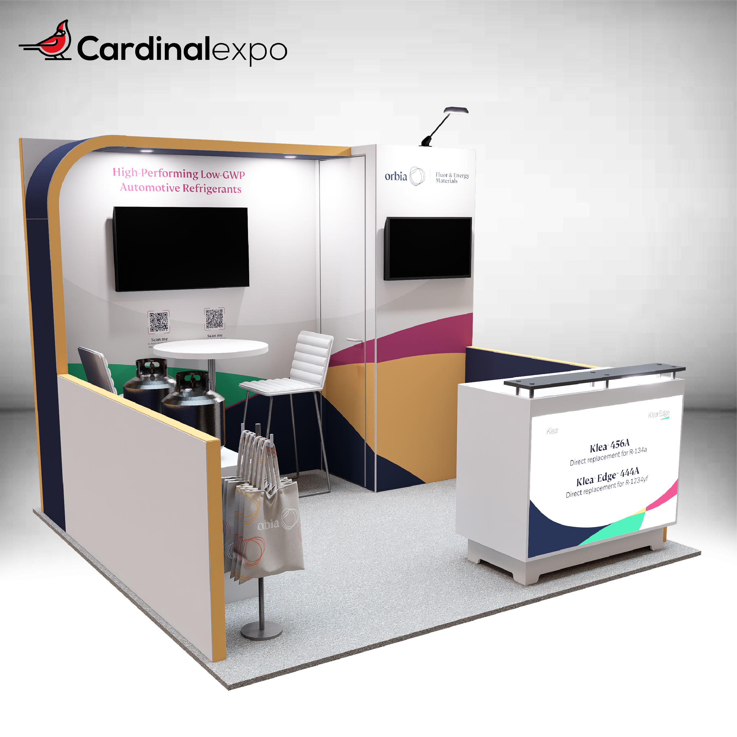 Left-side angle of a 10x10 exhibit structure highlighting product display pedestals, a curved backwall, seating, and front desk.