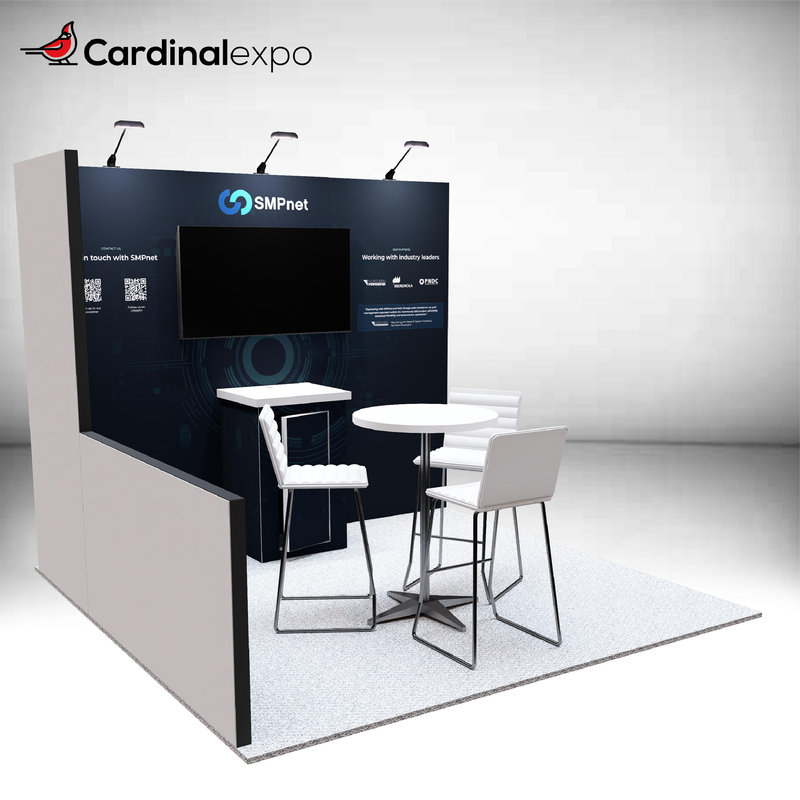 Left-angled perspective of a 10x10 booth showcasing a side wall, meeting table, TV, and backwall counter.