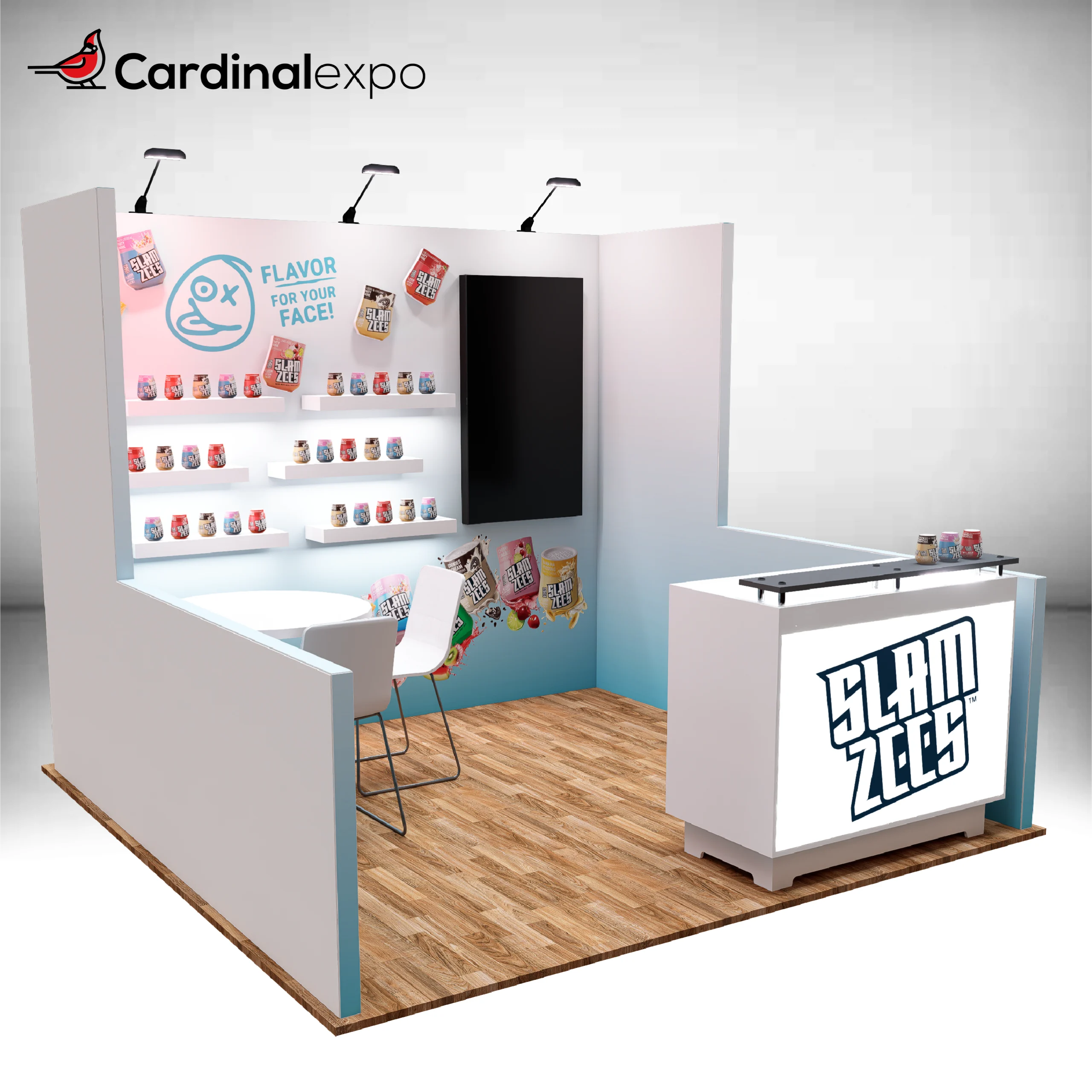 Left-angled view of a 10x10 booth structure highlighting a half wall, bistro table, illuminated shelves, and front counter.