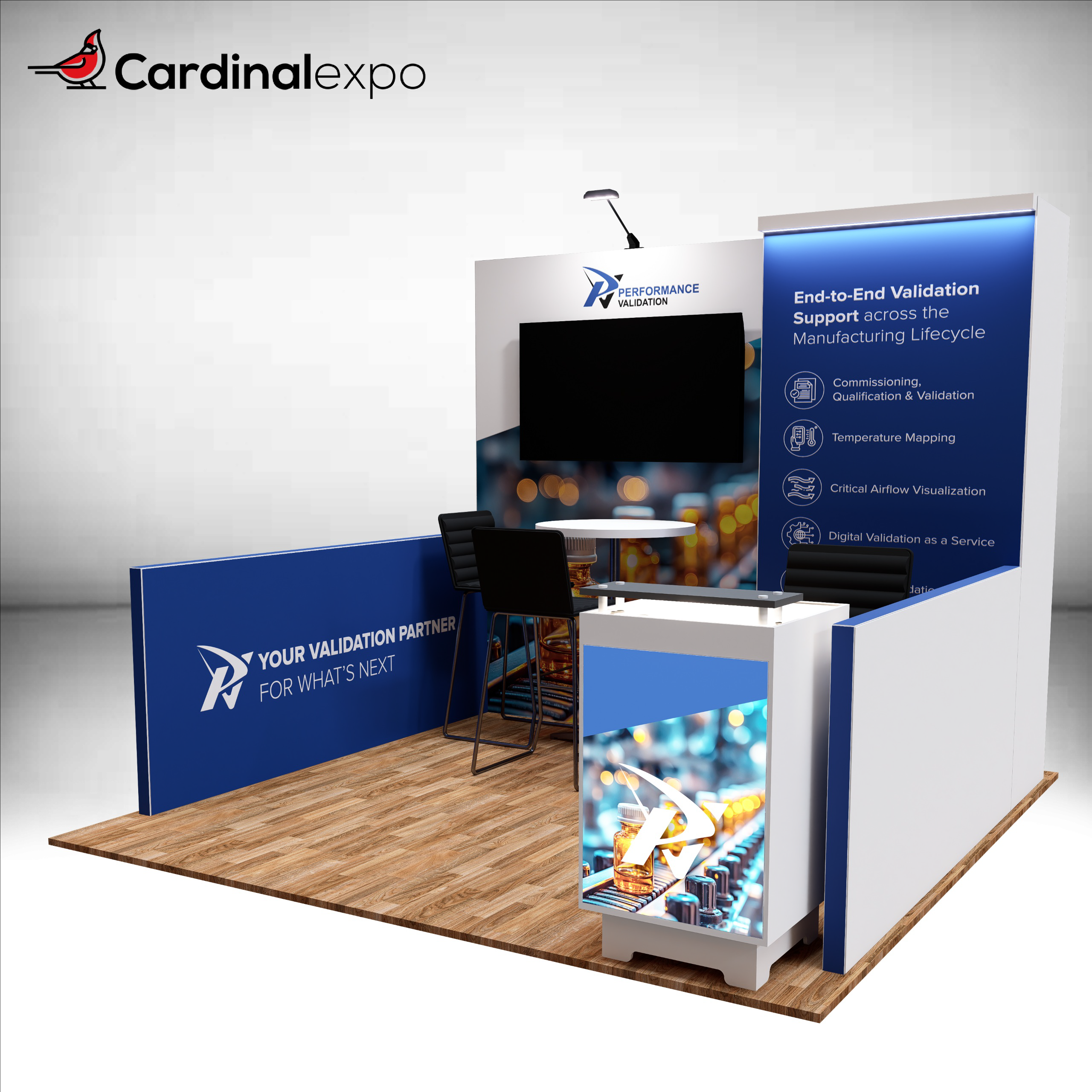 Right-side view showcasing a 10x10 exhibit space containing a meeting table, side walls, television, and backlit greeting counter.