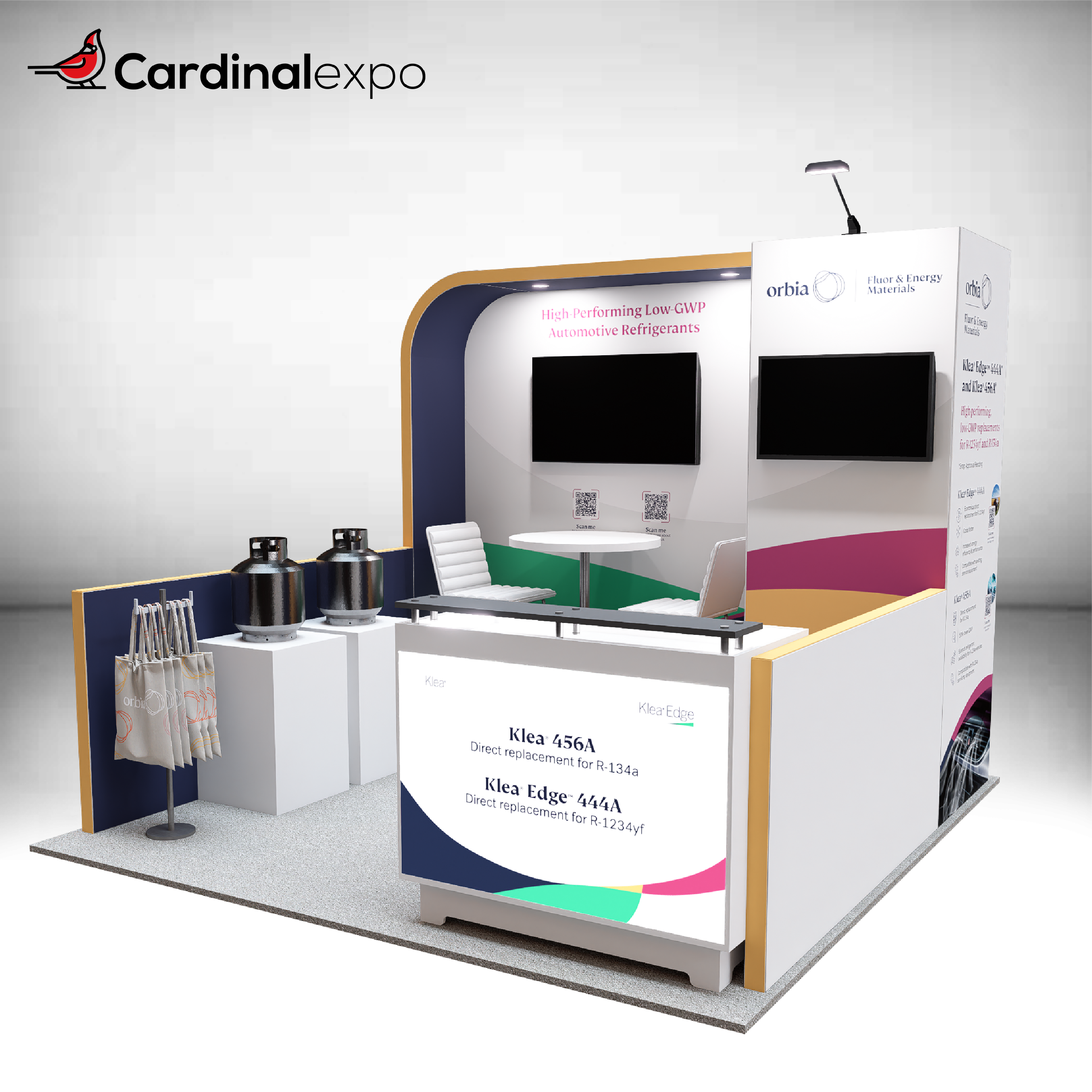 Right perspective of a 10x10 trade show design containing a greeting counter, closet tower, seating, and product displays.