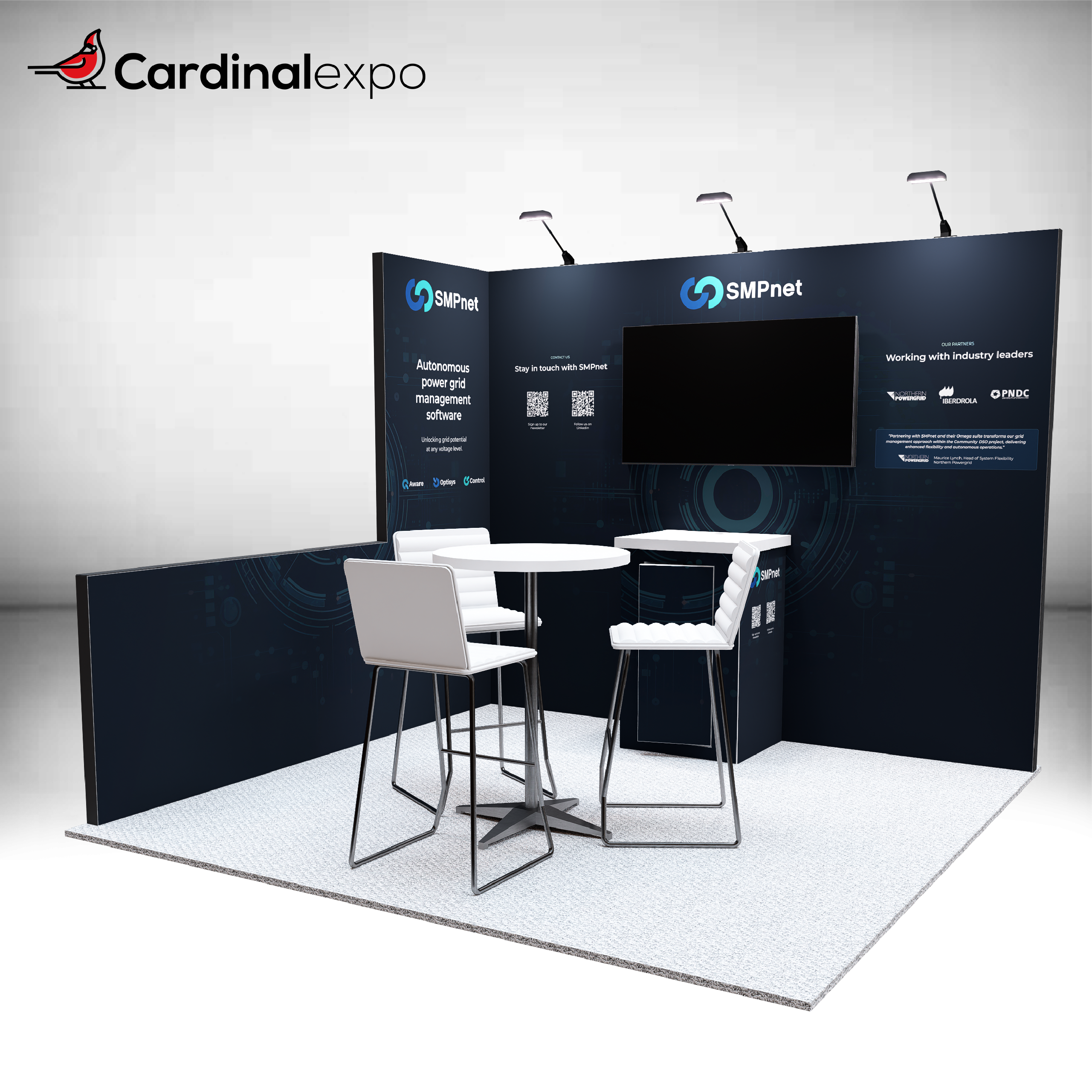 Right-side angle of a 10x10 display highlighting a backwall TV, small counter, half wall, and seating.