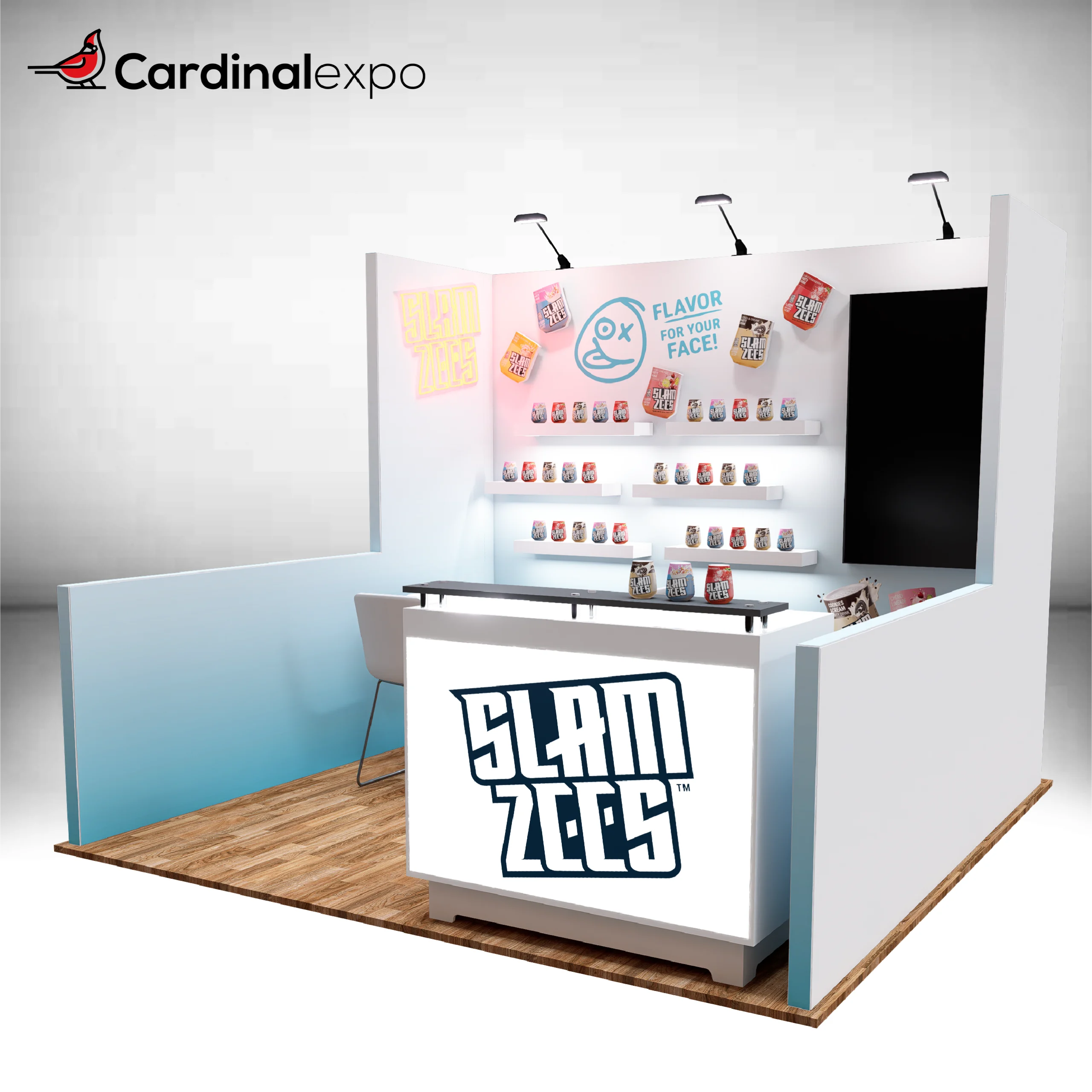 Right-side angle of a 10x10 display featuring a greeting desk, vertical monitor, product shelving, and half walls.