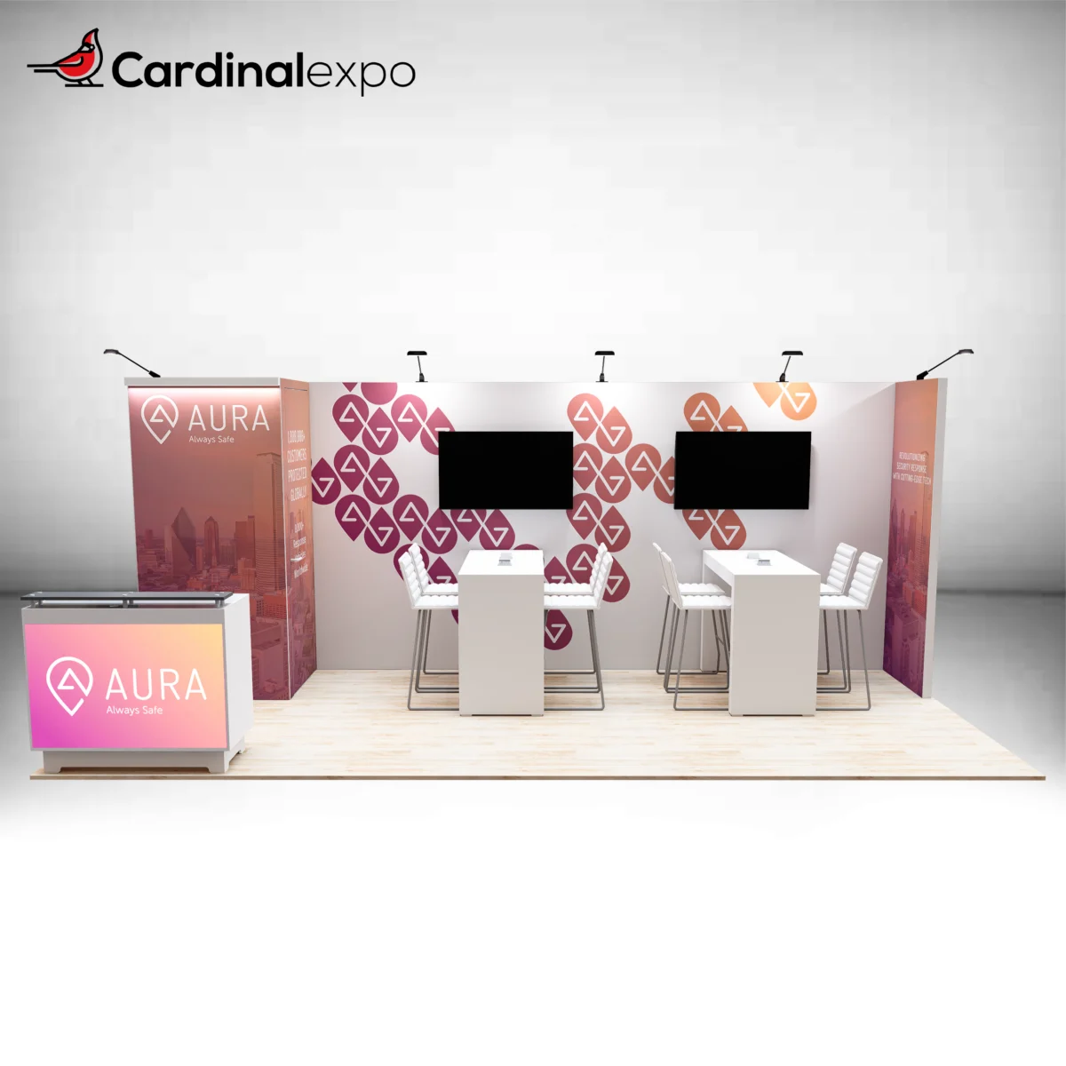 Straight-on perspective of a 10x20 exhibit displaying a backlit reception counter, closet, dual monitors, and high-top tables.