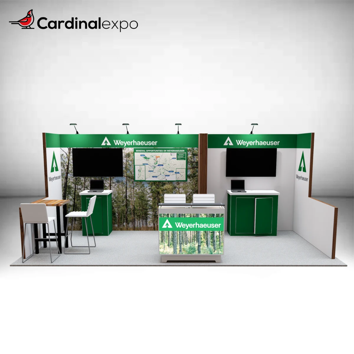 Frontal perspective of a 10x20 booth with backlit counter, wood accents, twin TV workstations, and seating.