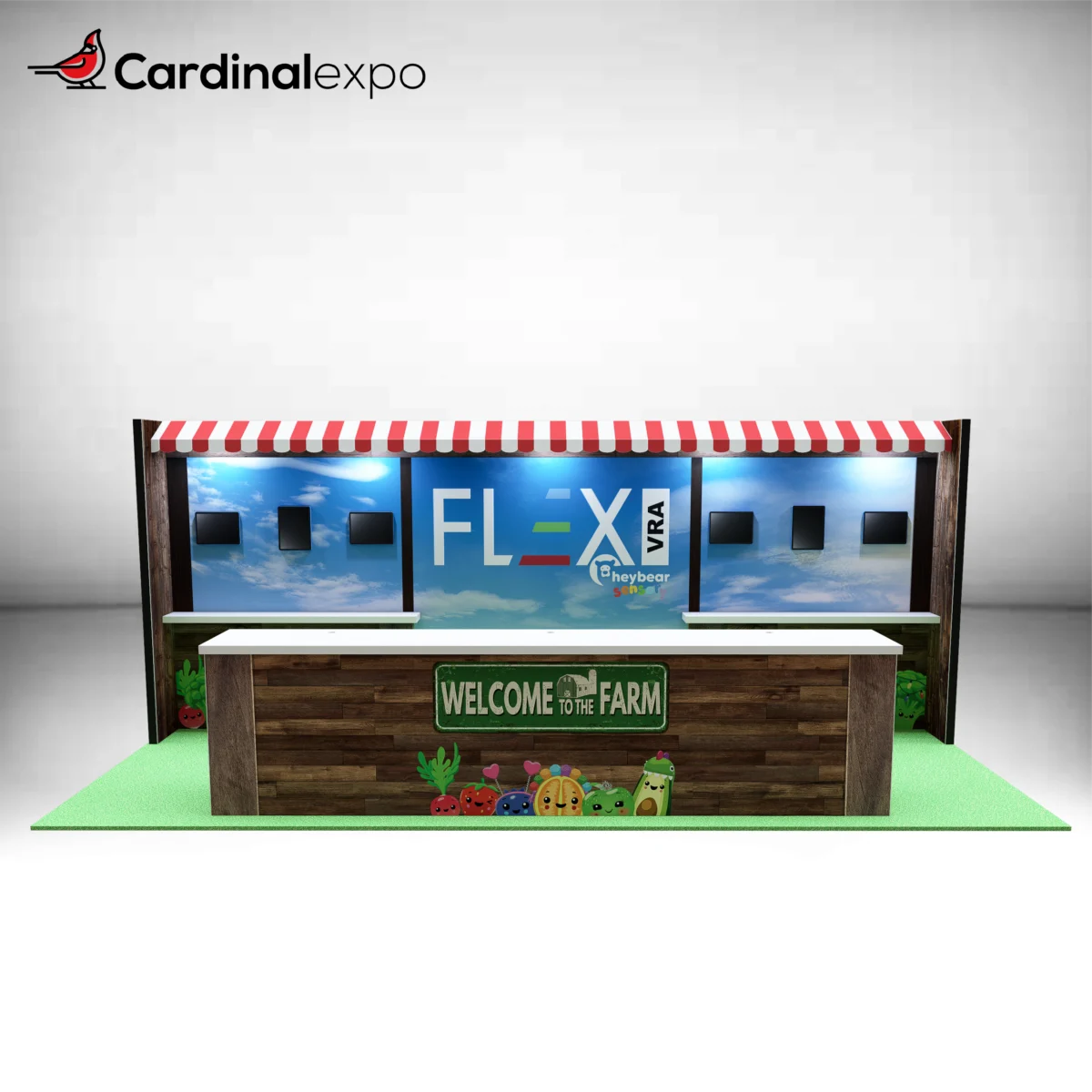 Front view of a 10x20 exhibit structure with a long reception counter, striped awning overhead, backwall counters, and monitors.