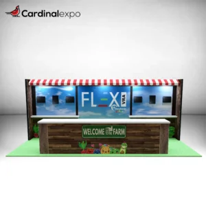 Front view of a 10x20 exhibit structure with a long reception counter, striped awning overhead, backwall counters, and monitors.
