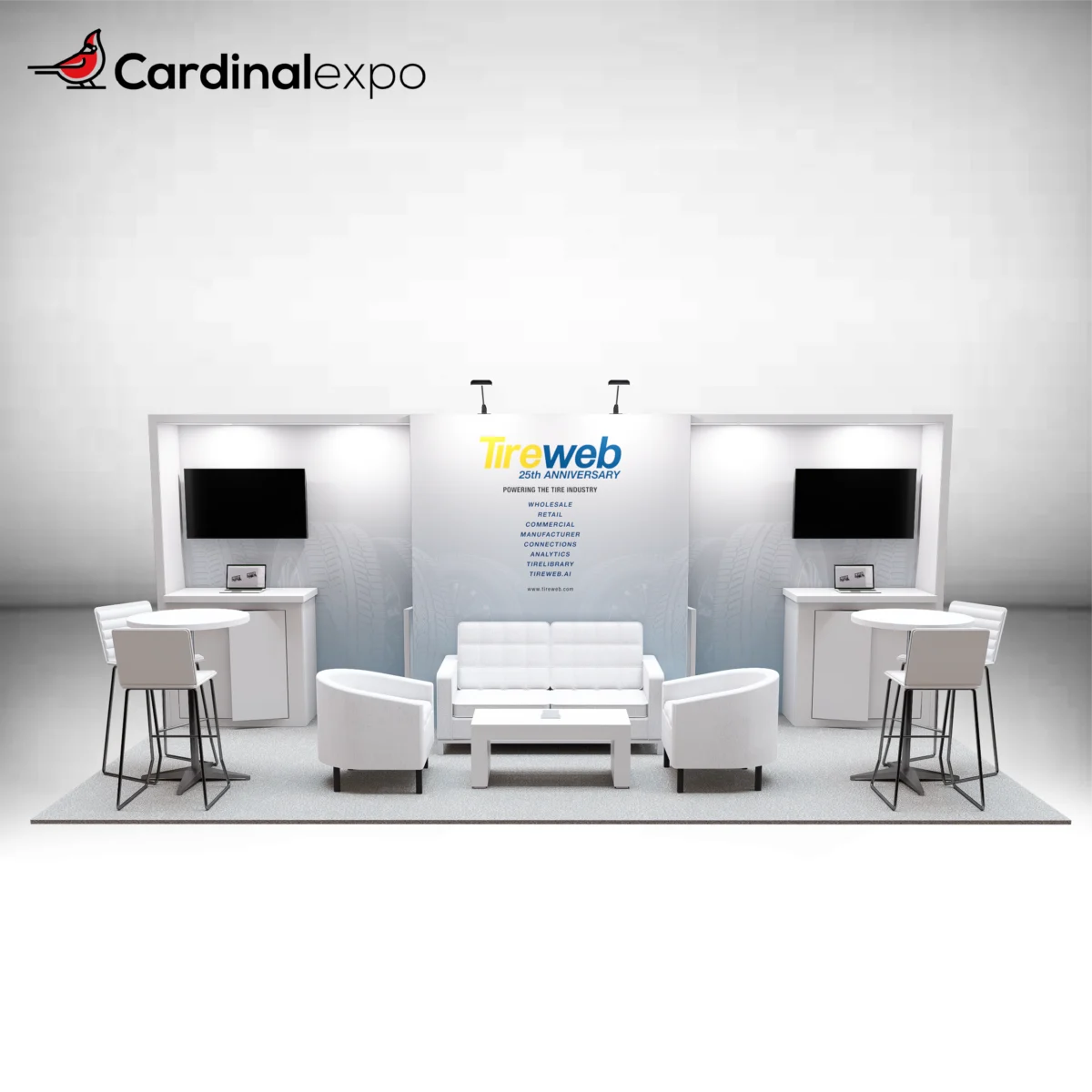 Front perspective of a 10x20 booth featuring central sofa seating, coffee table, side meeting tables, and workstation alcoves with TVs.